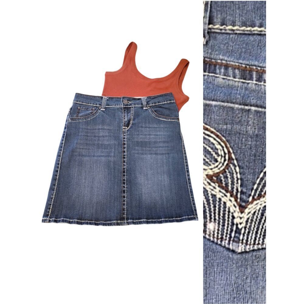 Y2K Hot To Trot Blue Medium Wash Embroidered Jean Skirt Medium Festival